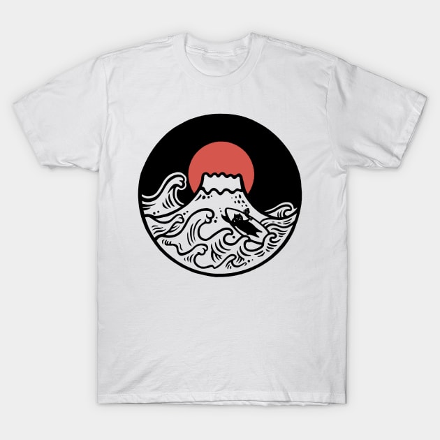 Great wave of Mount Fuji cat surfer T-Shirt by Chewbarber